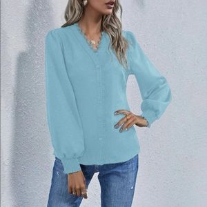 Blue Button Down Blouse With Princess Sleeves